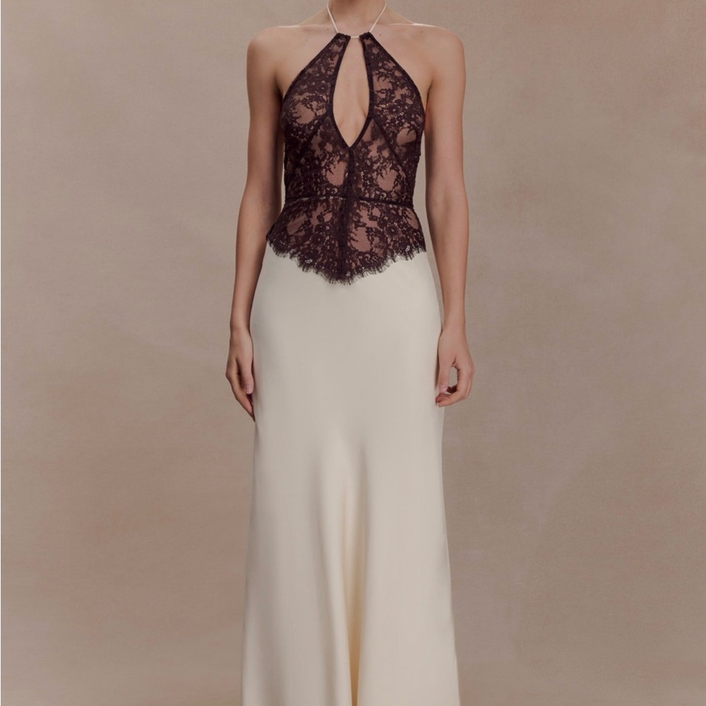 Meshki sascha lace and satin halter maxi dress
